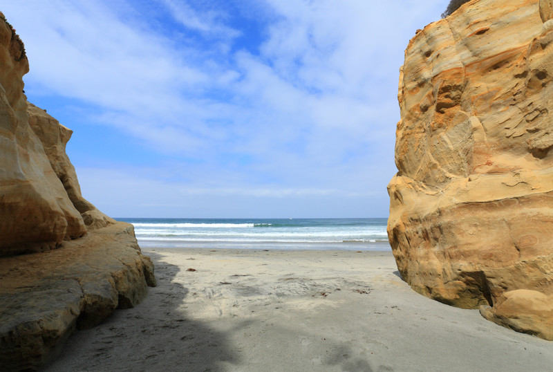 Del Mar beach with ocean in background and large cliffs on both sides