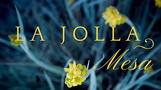 Words La Jolla Mesa over background of green leaves and yellow flowers