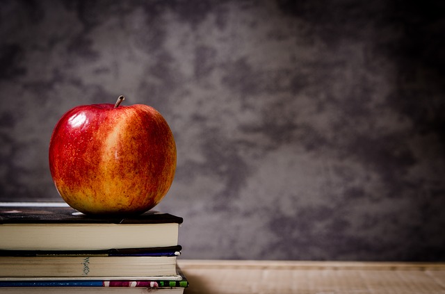 Apple on top of books in front of chalk board